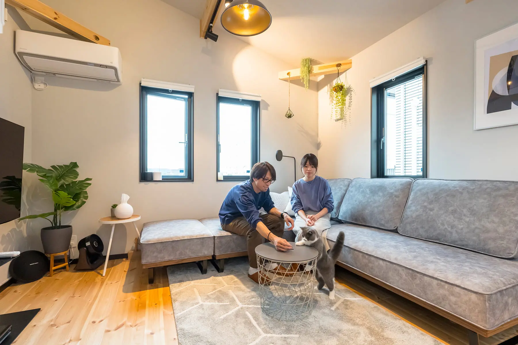 木の温もりあるリビングで猫と過ごす夫婦